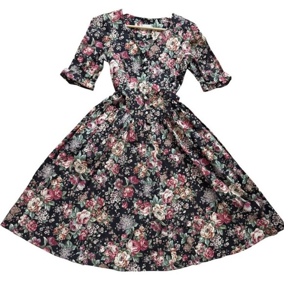 Vintage Benson & South Dark Academia Fall Floral Corset Bodice Midi Dress Sz S - Picture 1 of 7